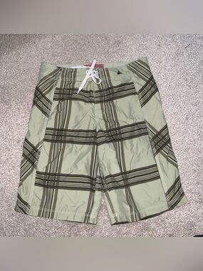 Men's Light Green Plaid Swim Board Shorts with Drawstring